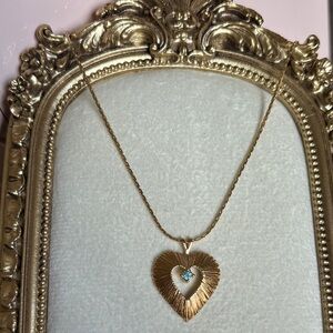 Vintage Avon 1980’s Open Heart Pendant Necklace with Aquamarine Rhinestone